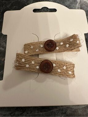 Jute Rope Hair Clips with Brown Button Accents - Natural and White